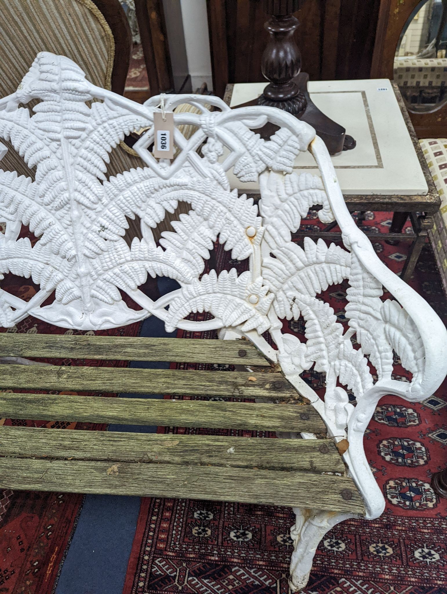 A Victorian Coalbrookdale design painted cast iron fern pattern garden bench, length 114cm, depth 44cm, height 90cm